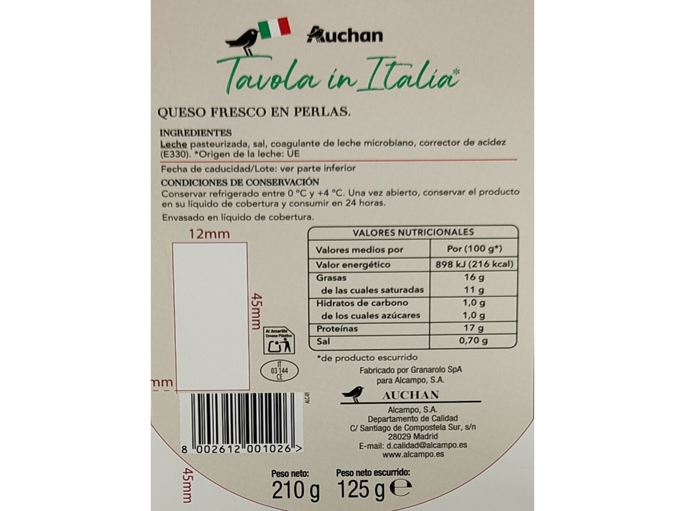 QUEIJO MOZZARELLA FRESCA MINI AUCHAN À MESA EM ITALIA 125G