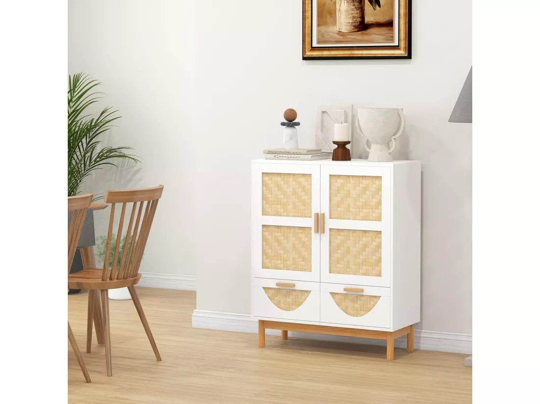 Buffet de Cuisine, Armoire Cuisine 2 Portes Tressées en Bambou, 2 Tiroirs, Étagère Réglable, Design Cannage, Kits Anti-Renversement, Vaisselier Armoire Cannage, Bohème, 80 x 35 x 98 cm