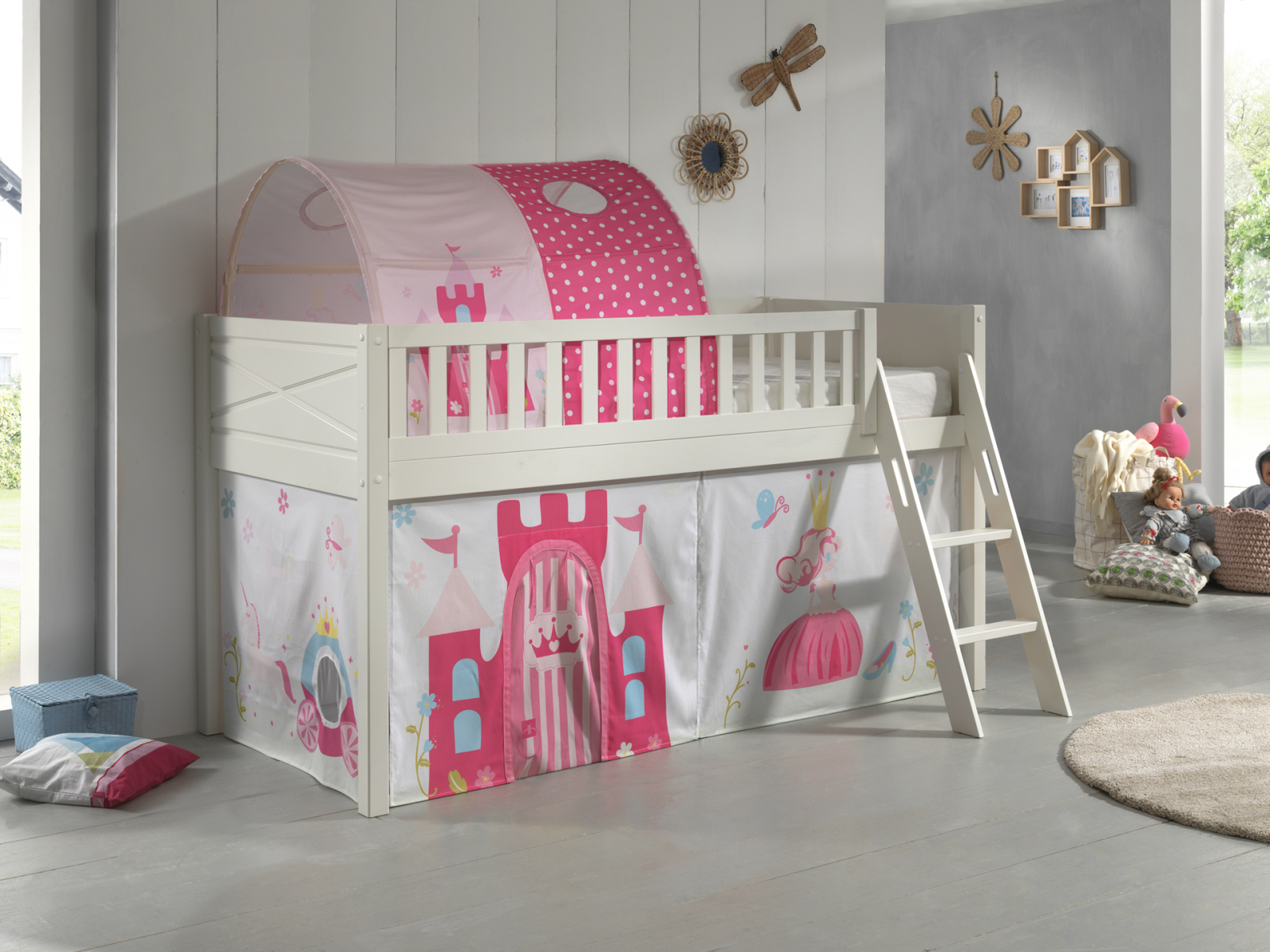 Spielbett SCOTT - weiß - Princess - mit Vorhang, Leiter und Tunnel - 90x200 cm