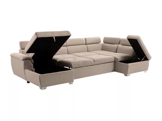 Canapé d'Angle Panoramique 6 Places Paola Convertible en Tissu Avec Coffres - Beige - L322 x P196 x H76cm - Loungitude