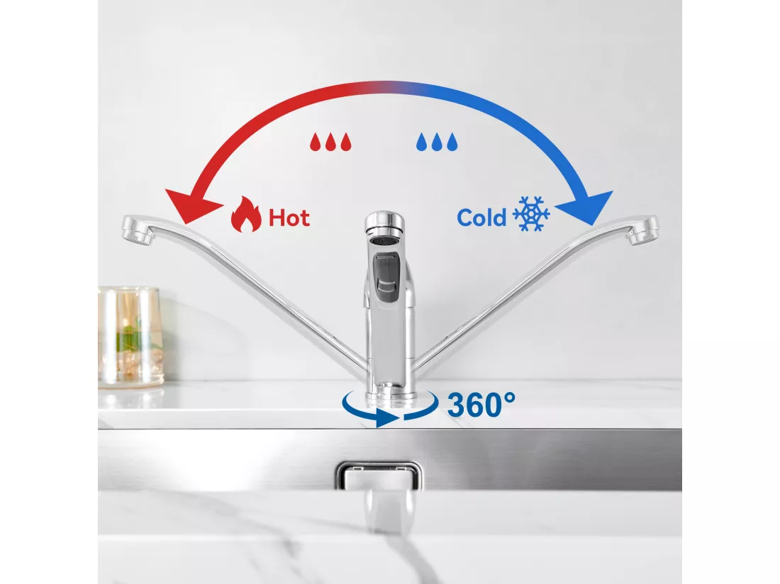 2pcs Mitigeur d'Evier, Robinet Cuisine Orientable à 360°,Les Conduites d'eau Chaude/Froide et Les Accessoires Sont Complets,en Laiton,Chromé
