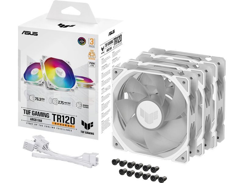 ASUS PC-Lüfter TUF Gaming TR120 ARGB Reverse 3in1 Weiss 3er-Pack 120-mm ARGB-Lüfter mit Reverse-Blade-Design
