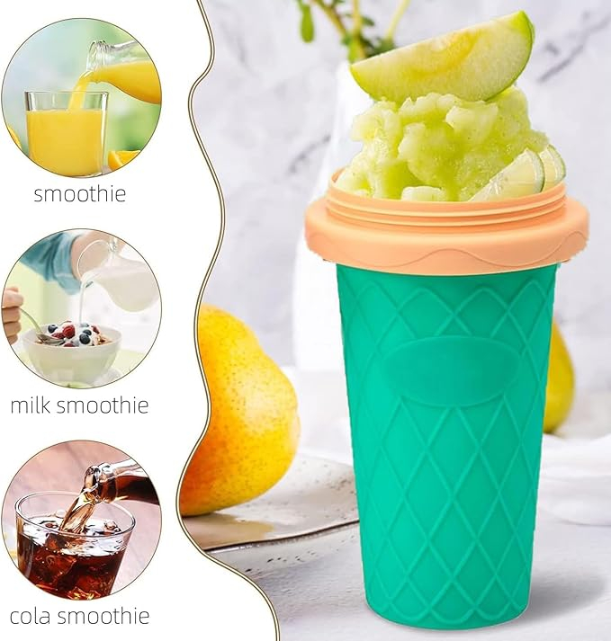 (300ml) Silikon Slushy Maker Cup Gefrorener Smoothie Eis Becher zum Kneten inkl. Löffel Strohhalm - Grün