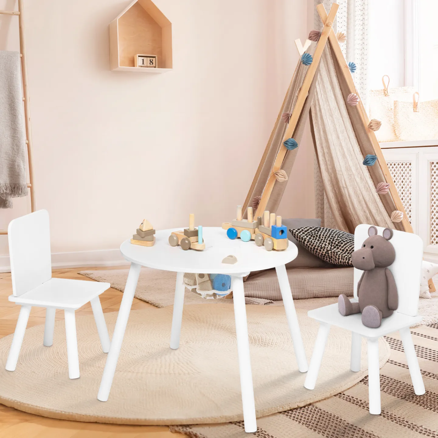 Table + 2 chaises enfant CANDICE avec espace de rangement en bois blanc