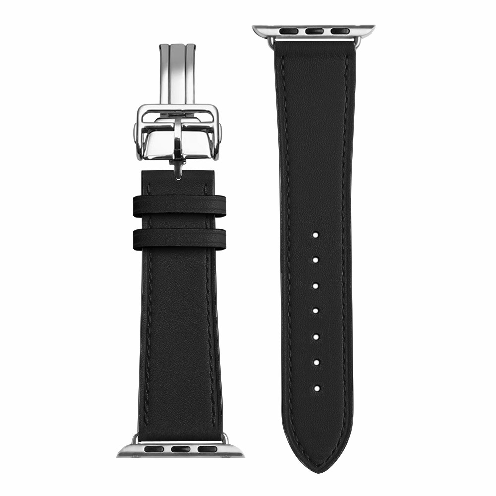 Apple Watch (49/46/45/44 mm) Echtleder Armband mit Butterfly Verschluss (Gelenkumfang 185-235 mm) - Schwarz