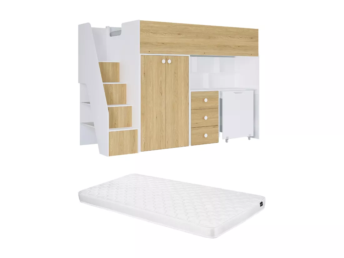 Lit mezzanine 90 x 190 cm avec armoire et bureau - Blanc et naturel + Matelas - LANILATO