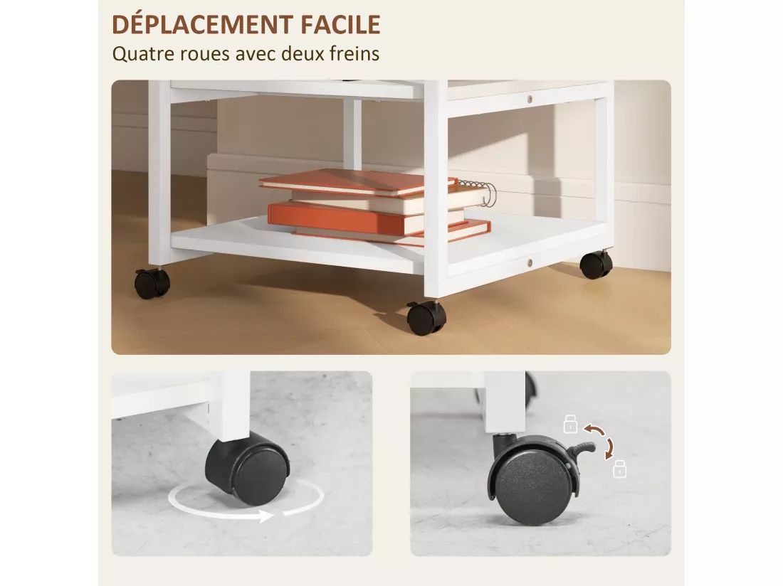 Support d'imprimante desserte de rangement 3 niveaux plateau 2 étagères acier panneaux blanc