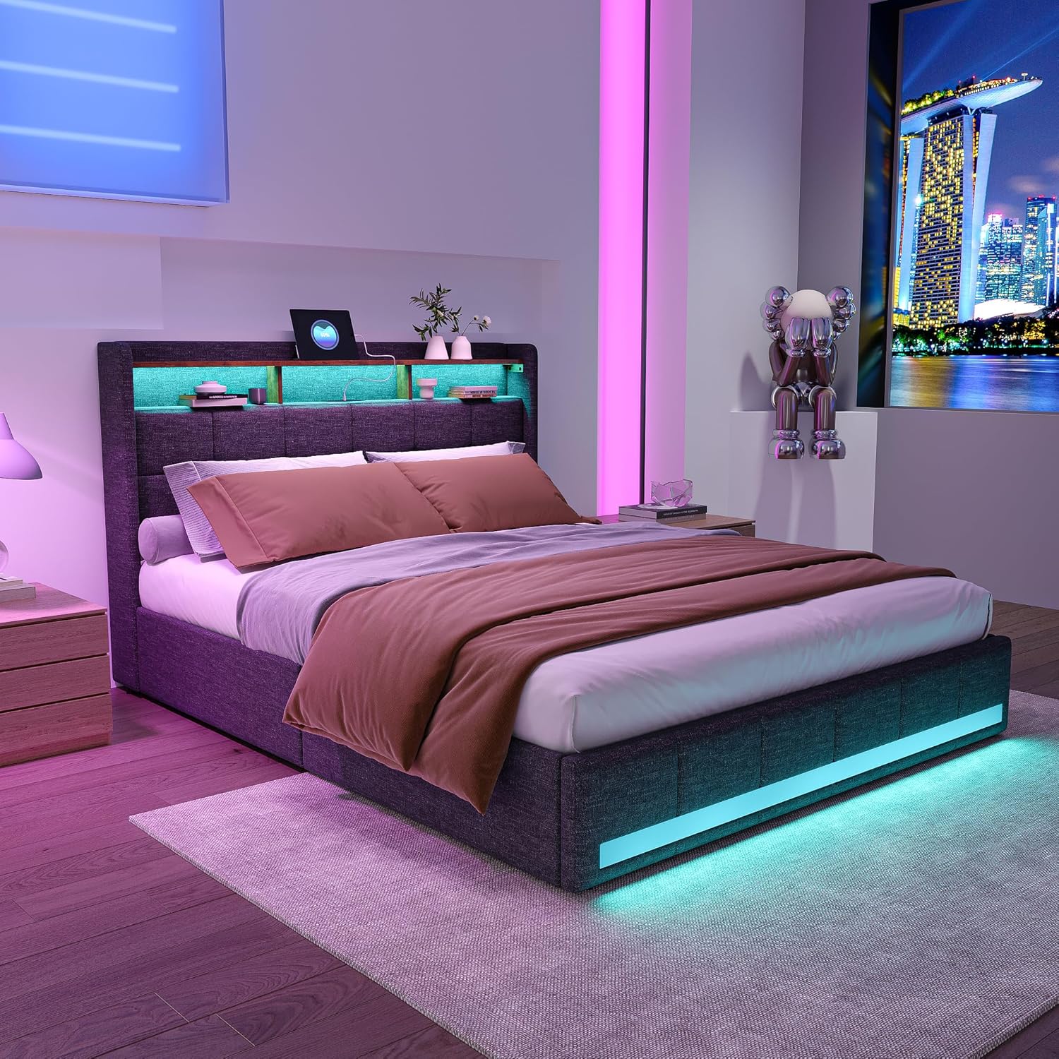 Polsterbett Doppelbett 140x200 cm, Bett 140x200 mit Bettkasten, Stauraumbett mit 4 Schubladen und Lattenrost, Staufach-Kopfteil mit LED-Beleuchtung und Ladestation(2 USB-Anschlüsse,1 Type-C),Leinen