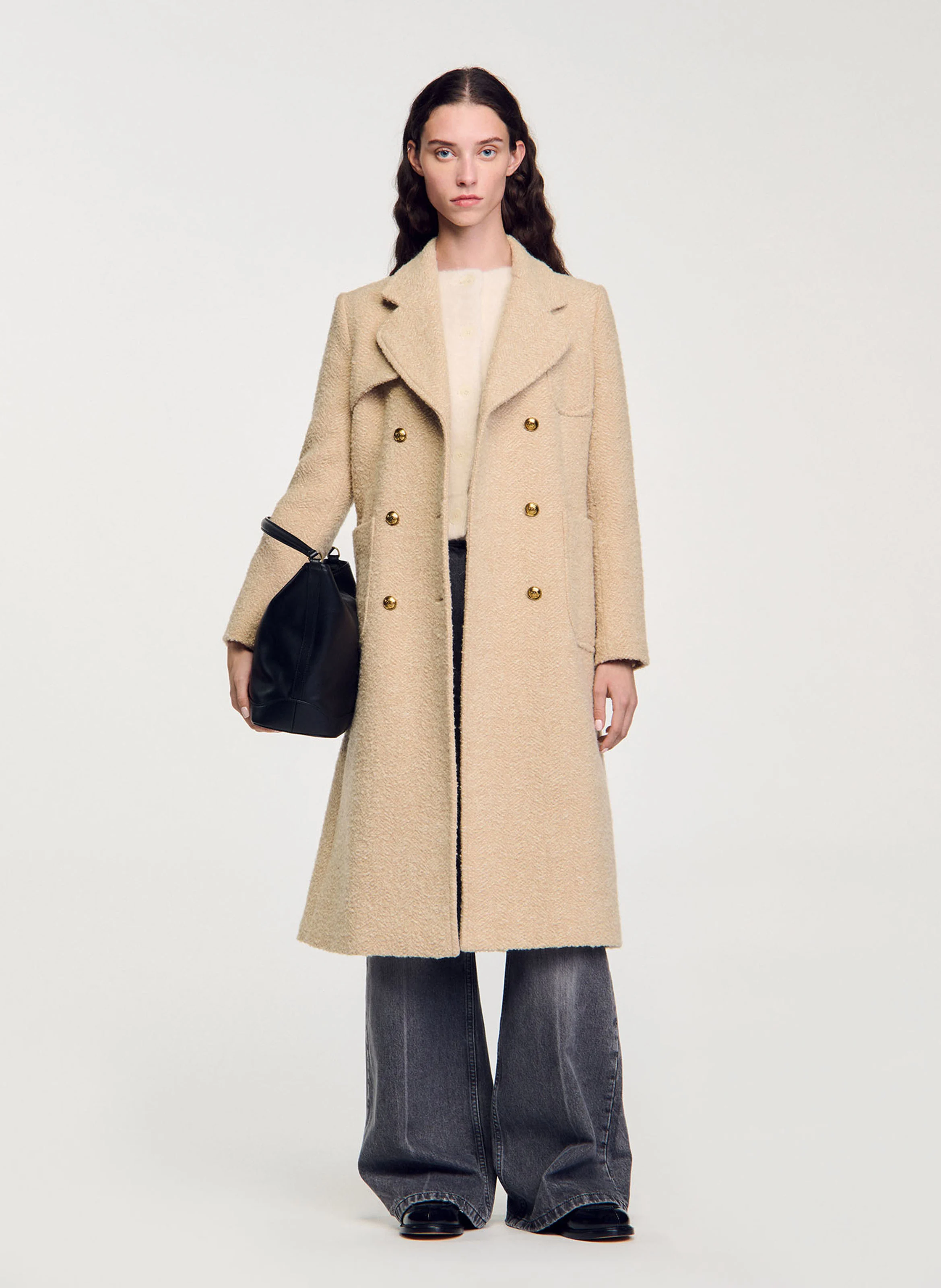 Manteau col tailleur droit en coton et laine mélangé | Beige