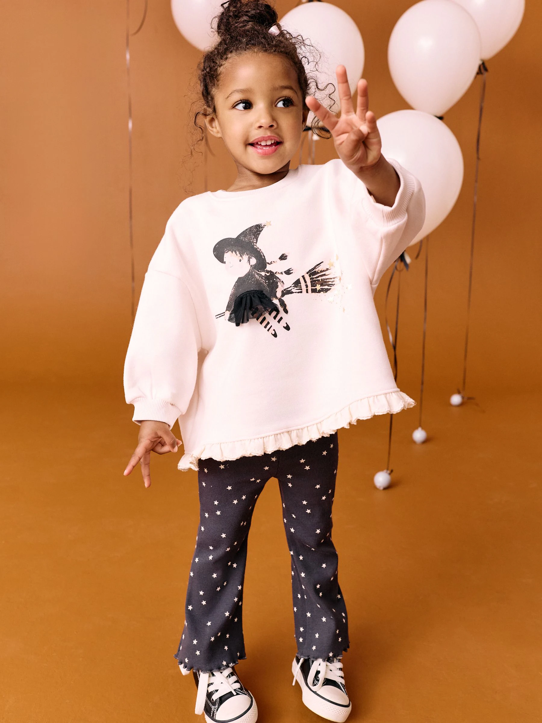 Crème Halloween-heks - Set van sweatshirt met ruches aan de zoom en uitlopende legging (3mnd-7jr)