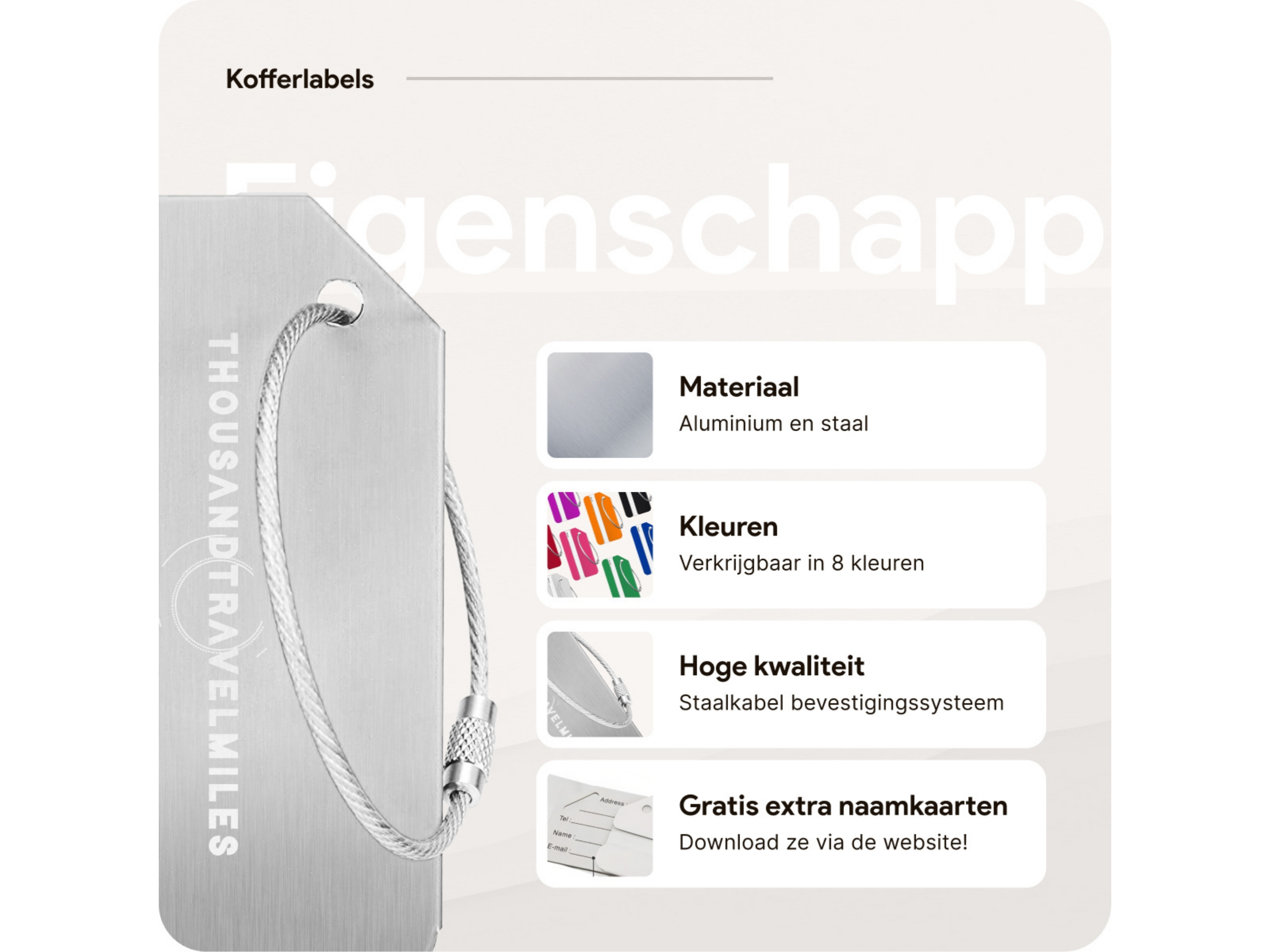 Thousandtravelmiles set van 4 aluminium bagagelabels - Silver