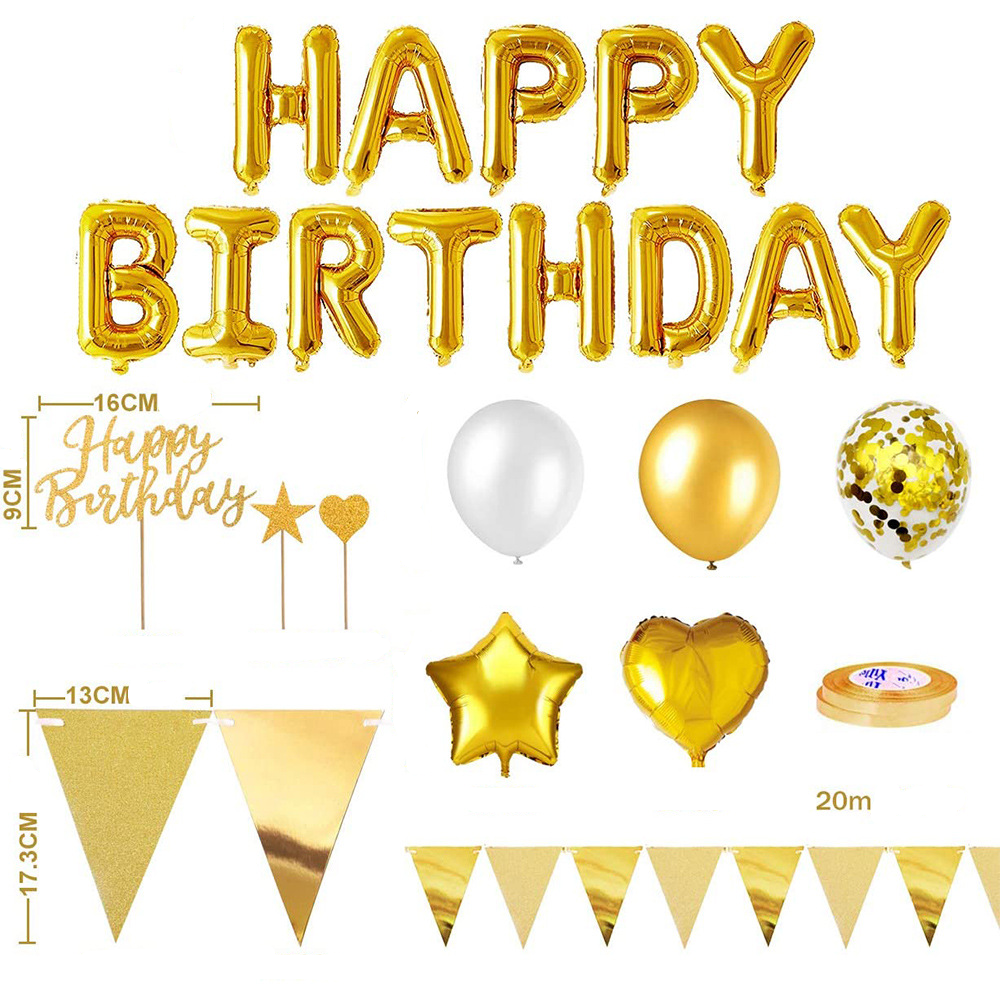 (58-tlg. Set) Happy Birthday Girlande Geburtstags Party Deko   Latex- und Folienballons / Fahnen Girlande / Kuchenstecker - Gold