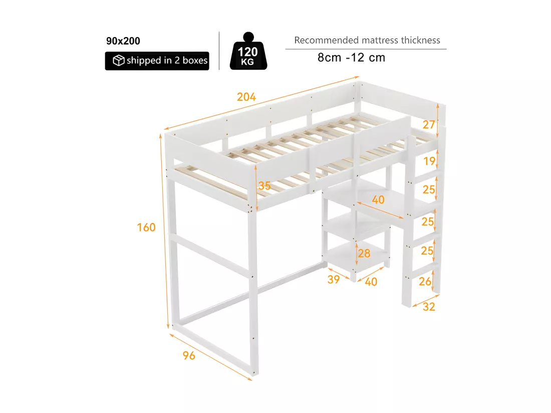 Lit mezzanine 90x200cm en bois - avec étagères et sommier à lattes - Blanc
