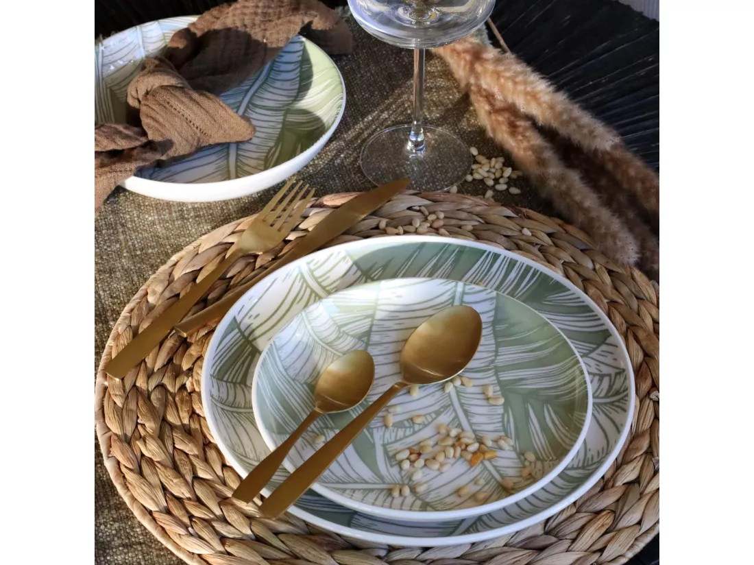 Novastyl - Lot 6 Assiettes Dessert Leaves 20cm En Gres Vert
