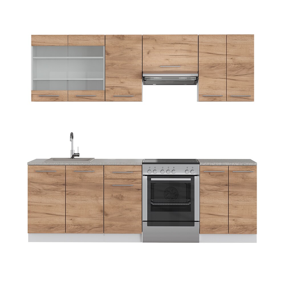 Vicco Küchenzeile Küchenblock Einbauküche Fame-Line Weiß Eiche 240 cm modern Küchen Schränke Spülenunterschrank Schubunterschrank Hängeschrank Hängeglasschrank