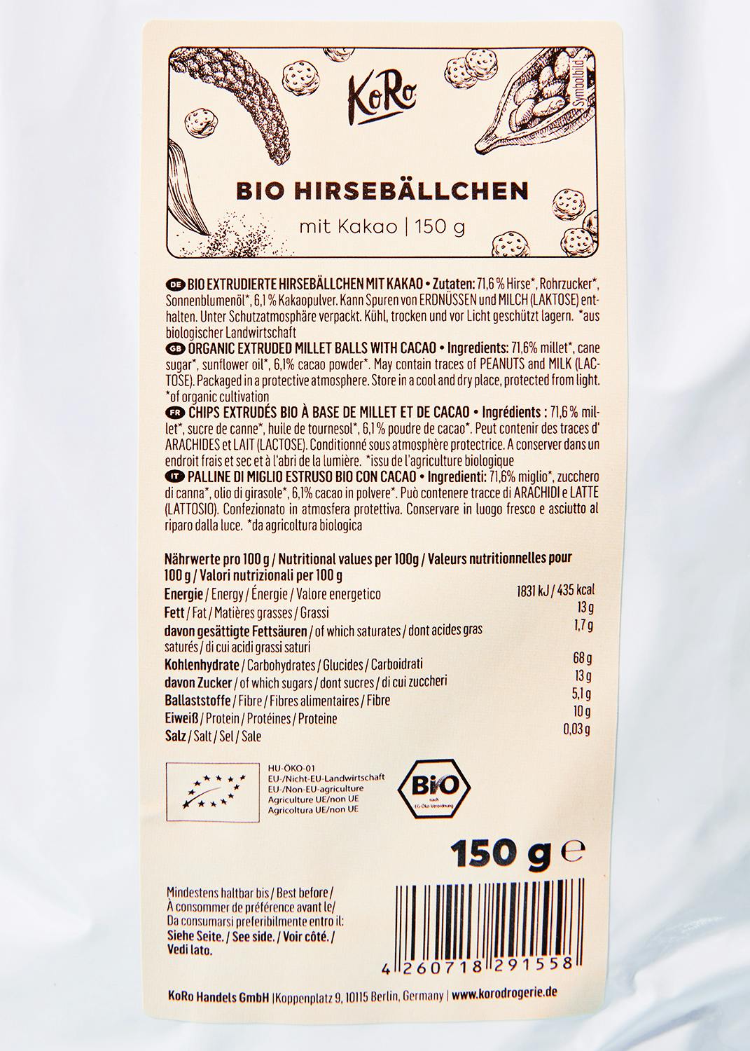 Bio Hirsebällchen mit Kakao 150 g