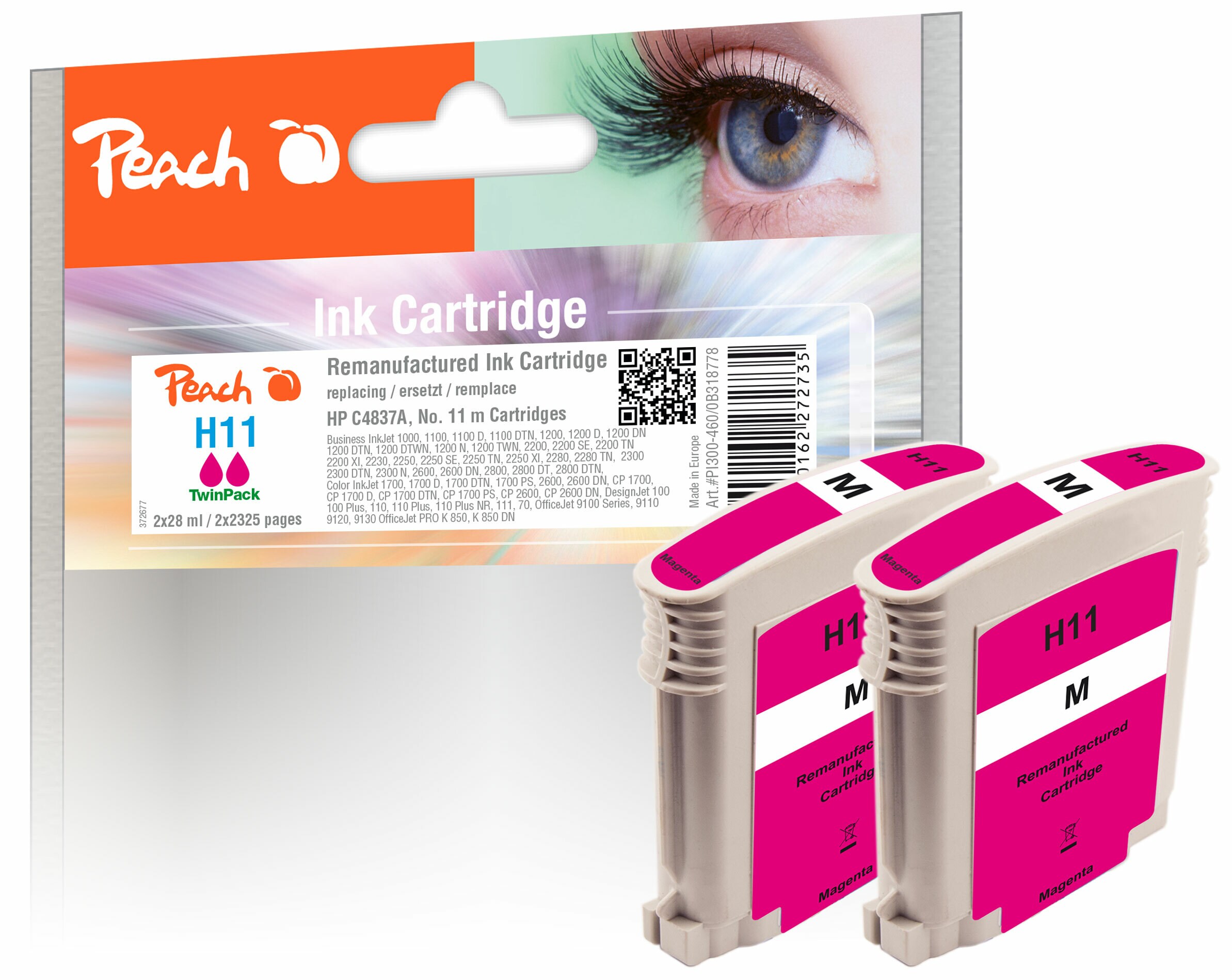 Peach HP 11 m 2 Druckerpatronen 2*ma ersetzt HP No. 11 m*2, C4837A*2 für z.B. HP OfficeJet 9100, HP Business InkJet 1000, HP Business InkJet 1100 (wiederaufbereitet)