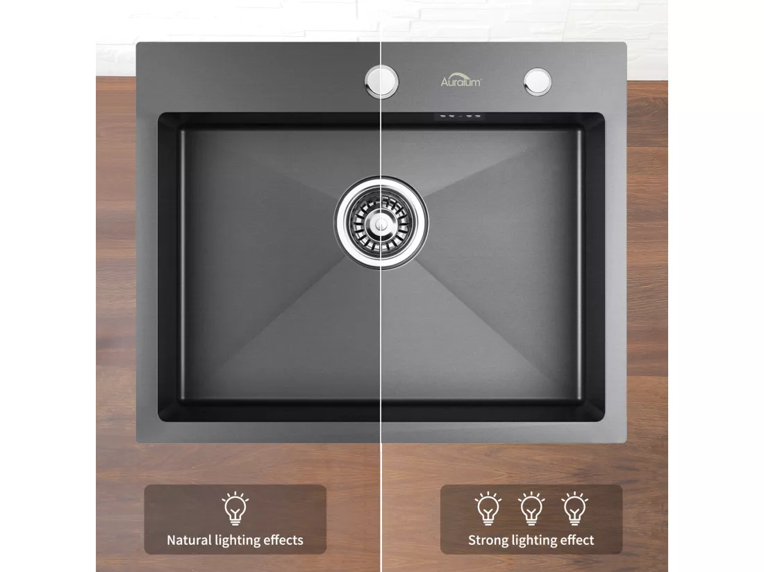 Évier Cuisine 1 Bac 55*45CM Noir+Robinet Cuisine Noir Rotatif 360° Mitigeur Cuisine Eau Froide et Chaude avec Aérateur Démontable