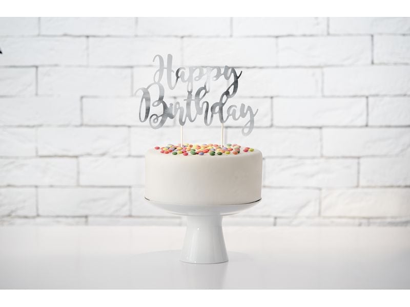 Partydeco Kuchen-Topper Happy Birthday 1 Stück, Silber Eleganter Torten-Topper
