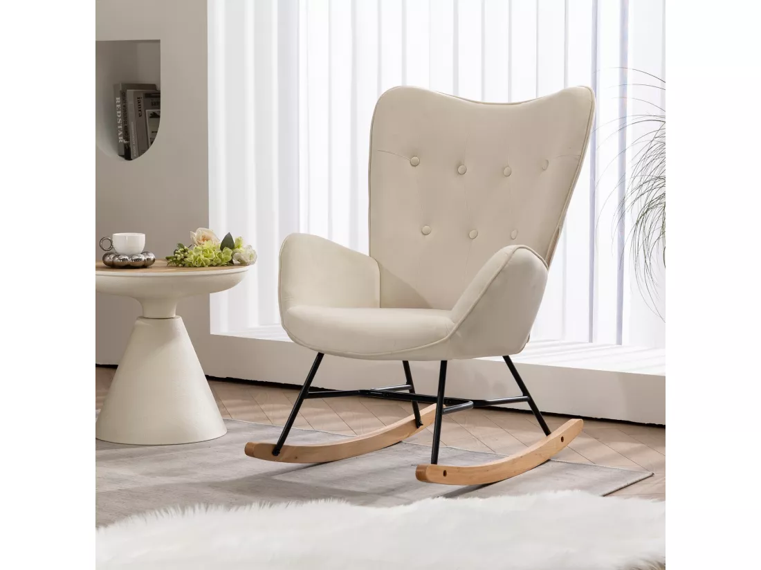 MEUBLES COSY Fauteuil à Bascule Allaitement Scandinave Chaise Loisir et Repos Pieds en Massif Bois Métal pour Salon, Chambre,Beige Velours