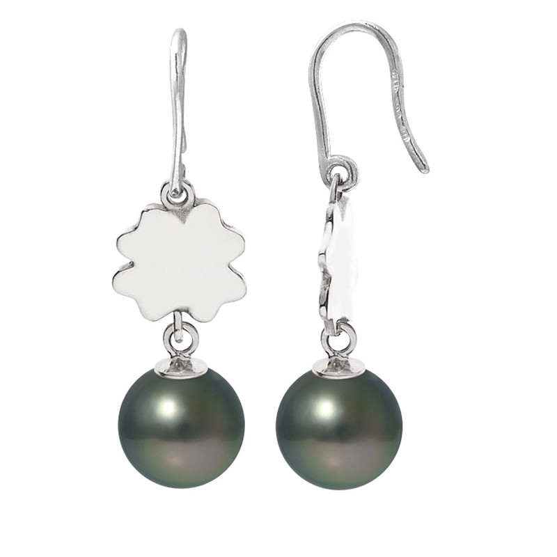 Boucles d'Oreilles Trèfle Pendantes Perles de Tahiti et Argent 925/1000