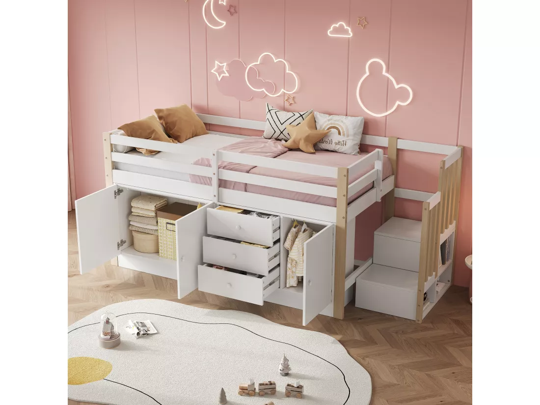Lit mezzanine pour enfant 90x200 cm - avec armoires et tiroirs - Blanc + Naturel