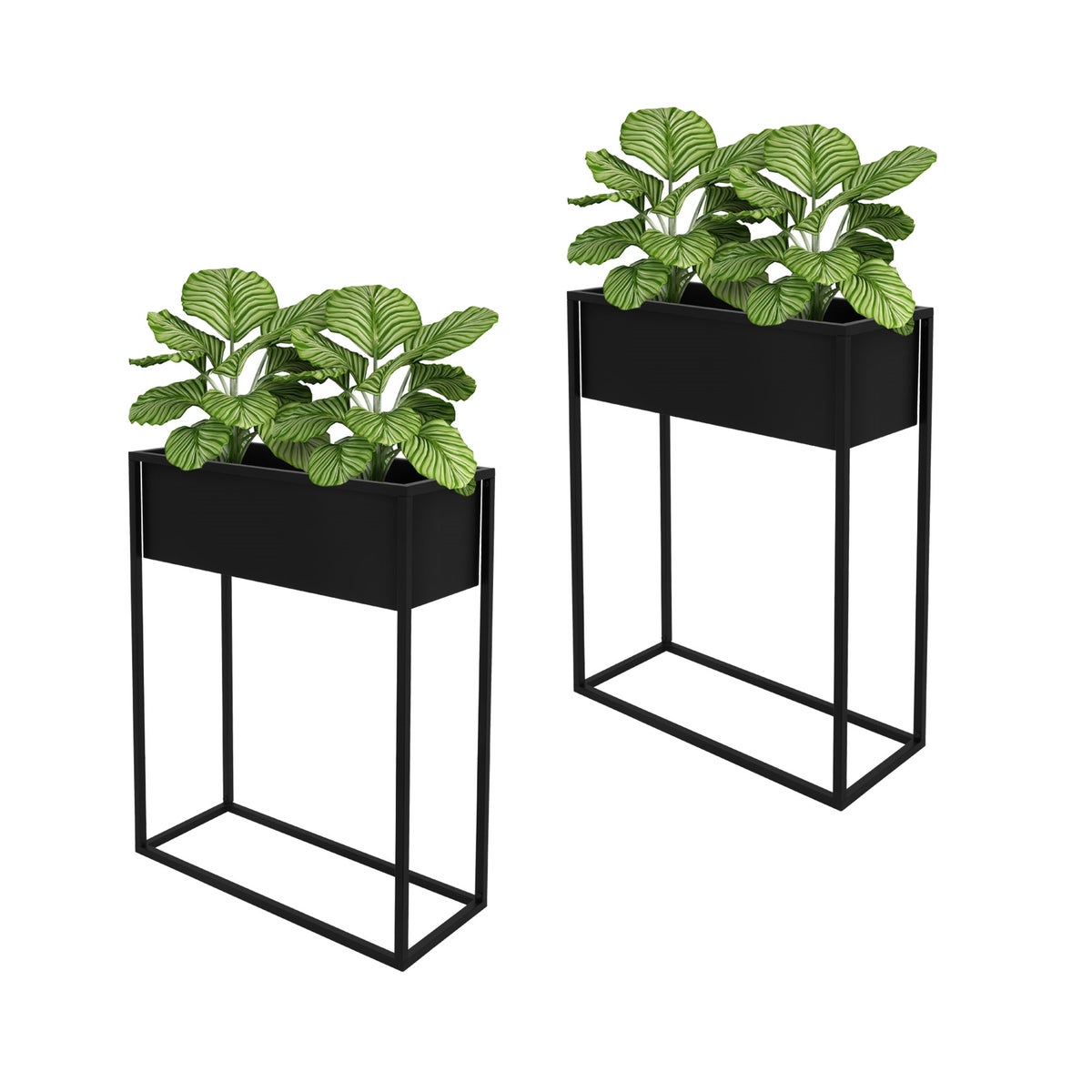 ML-Design 2-delige set zwarte metalen bloemenstandaards, 60x25x78 cm, staande, rechthoekige plantenbak voor binnen, design plantenstandaard, bloembak, plantenbak, verhoogde bak, balkonbak