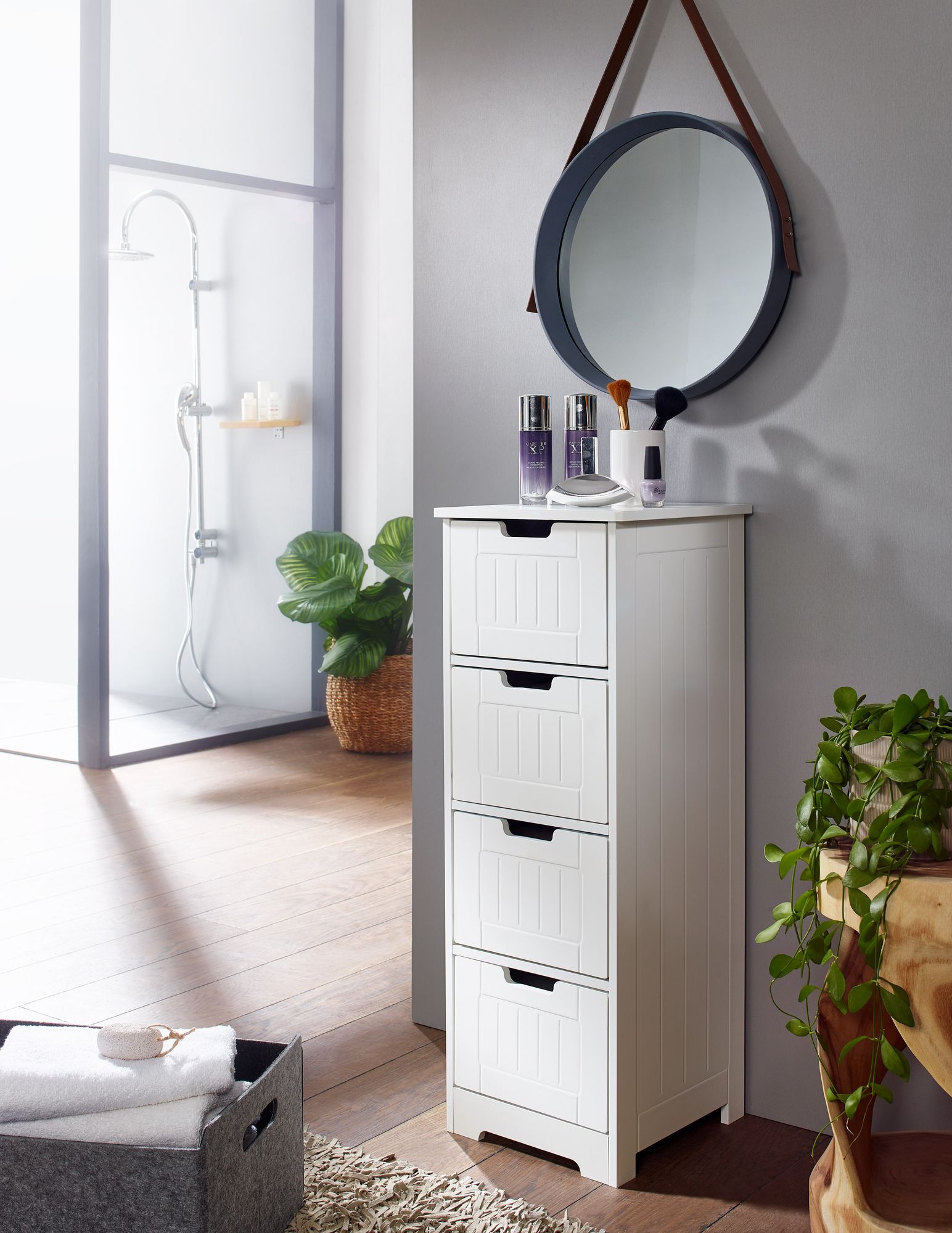 Badschrank Landhaus Badezimmerschrank Holz weiß Schubladen Beistellschrank klein