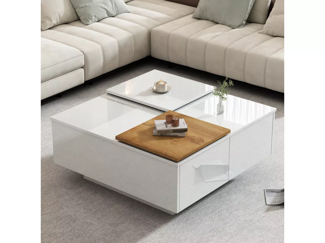 Table basse carrée moderne en bois blanc laqué 75x75x33,5 cm avec plateau mobile, capacité de charge jusqu'à 30 kg, 4 tiroirs