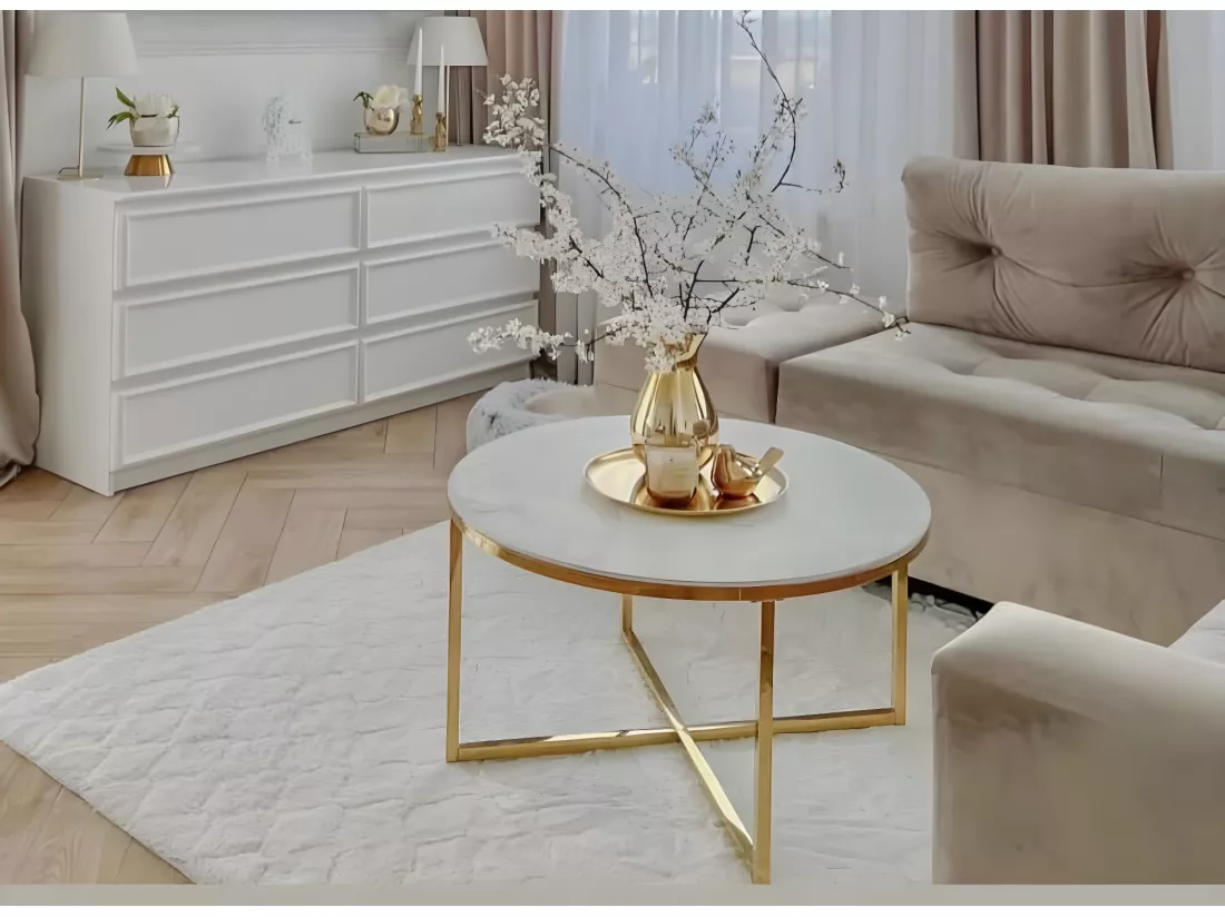 Table basse ronde lorie gold plateau en verre marbré blanc d90 cm