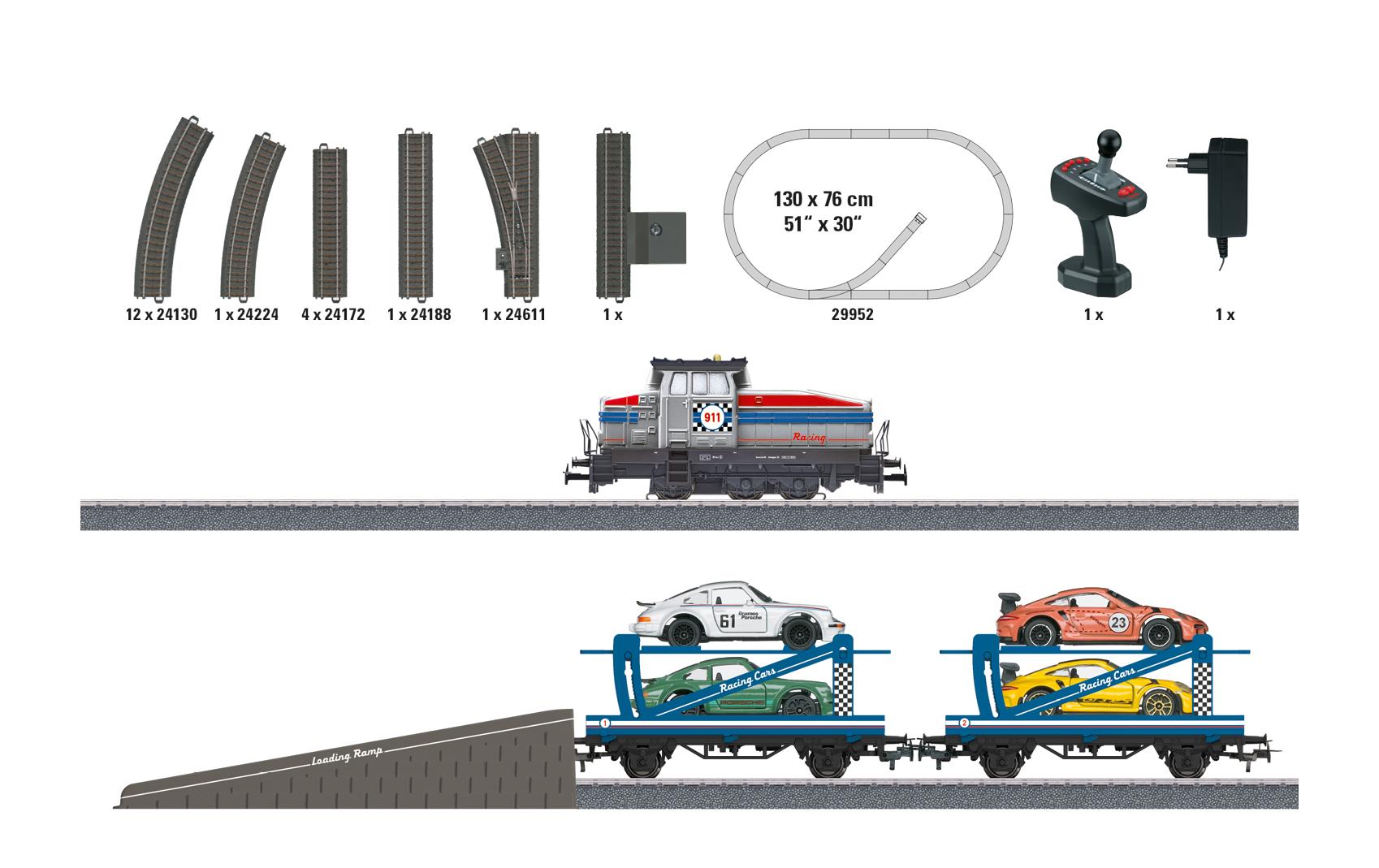 Startpackung Autotransportzug<br>Märklin Start up – Diesellokomotive Henschel DHG 500 mit doppelstöckigen Autotransportwagen und Porsche Modellautos