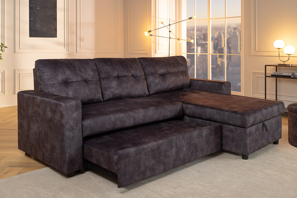 Schlafecksofa APARTMENT 205cm grau Samt 3-Sitzer inkl. Stauraum beidseitig aufbaubar