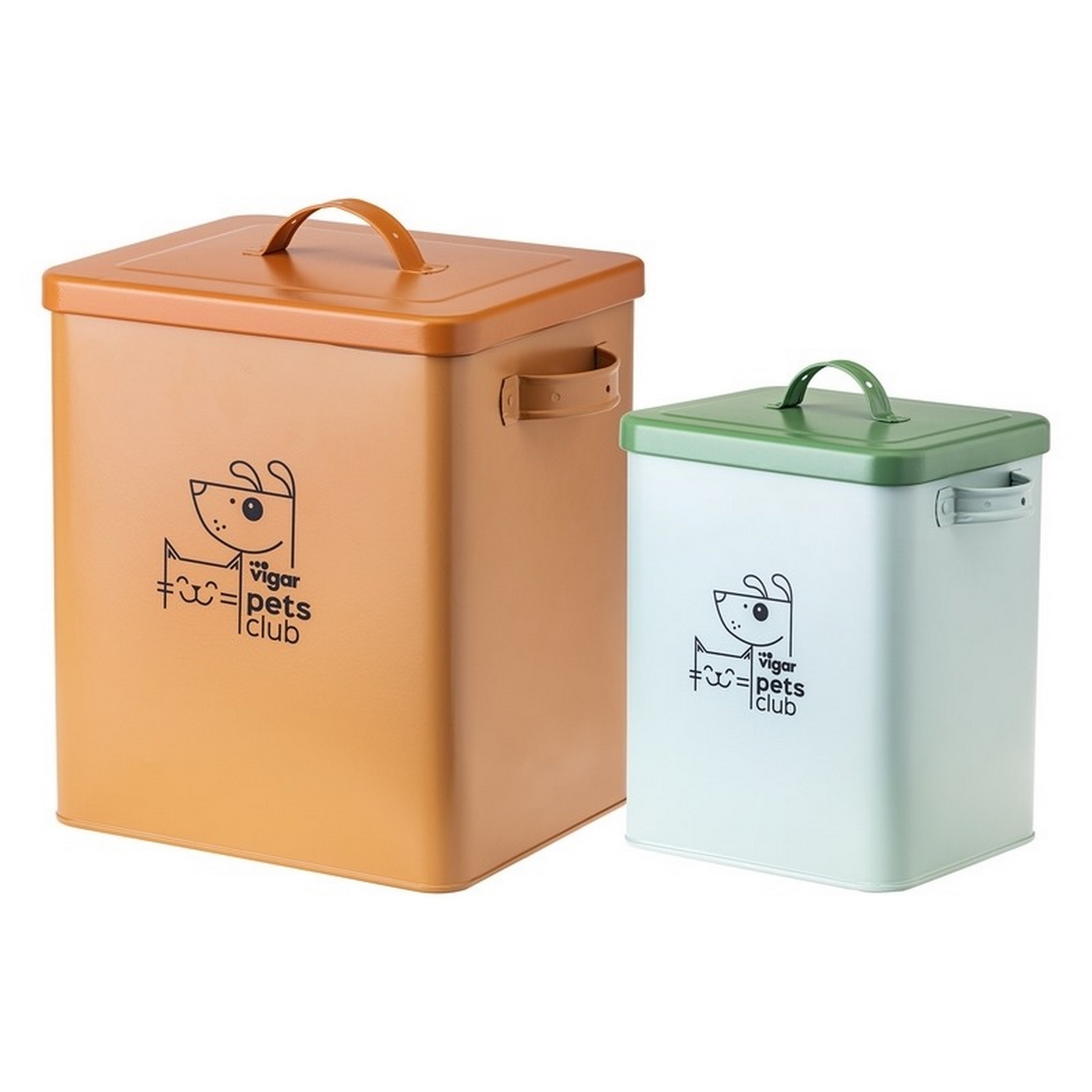 Conjunto de 2 recipientes metálicos Pets Club, tamanhos pequeno (5L) e grande (12L).