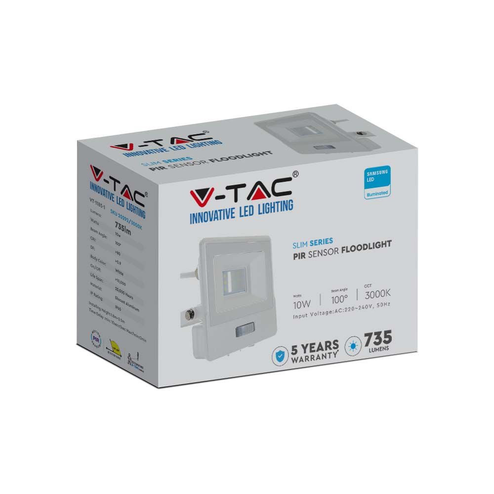 V-TAC VT-118S-1-W - LED-schijnwerper met PIR-sensor - Samsung - IP65 - Wit - 10W - 735 lumen -