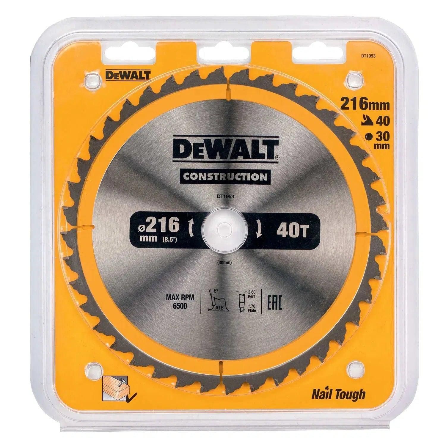 DeWALT Cirkelzaagblad voor Hout | Construction | Ø 216mm Asgat 30mm 40T - DT1953-QZ