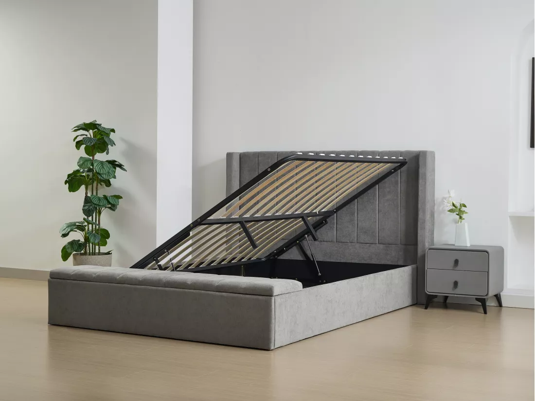 Lit coffre 140 x 190 cm avec banc - Tissu - Gris + Matelas - DOUINO