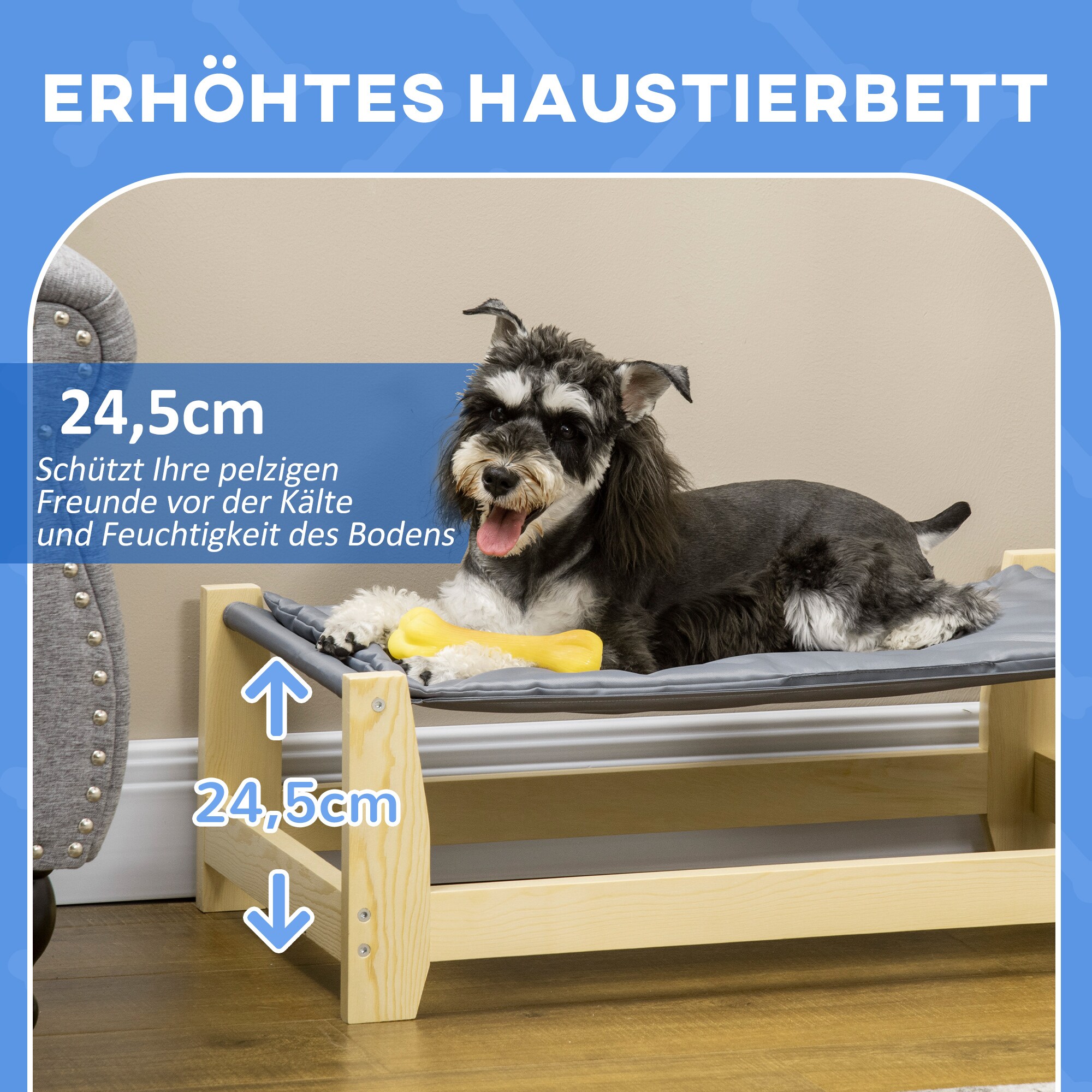 PawHut Haustierbett mit Kissen grau, natur 90L x 50B x 28H cm
