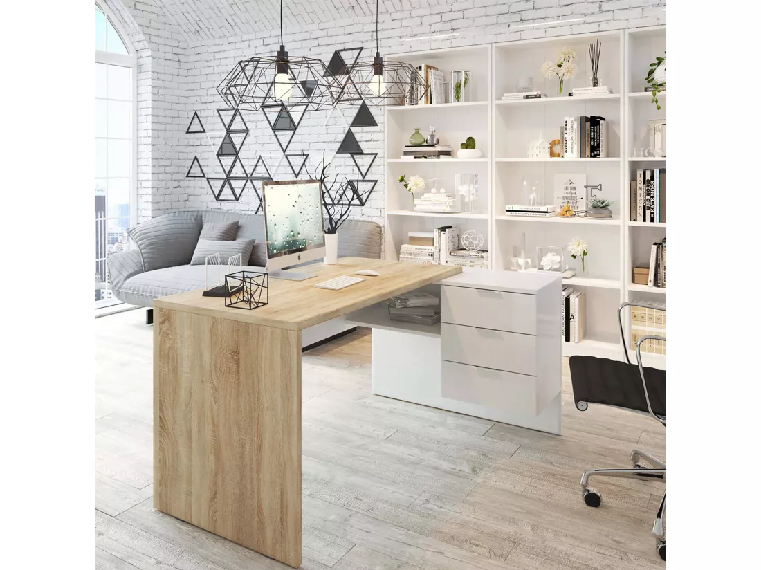 Bureau Dafage, Bureau réversible multifonctionnel avec tiroirs, Bureau d'angle avec support PC ou table de bureau, 145x108h73 cm, Chêne et Blanc