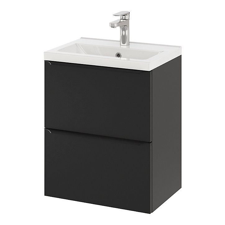 Ensemble salle de bains l.50 cm meuble à suspendre faible profondeur Imandra noir mat + plan vasque céramique blanc