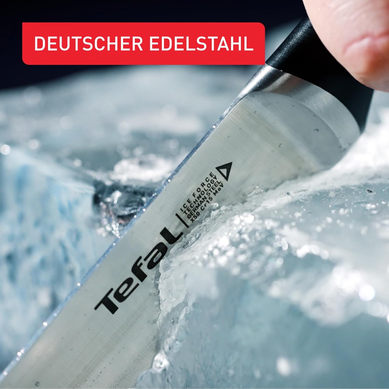 Tefal Ice Force 8-tlg. Messerblock-Set, 6 Messer, 1 Schere, 1 Holz-Messerblock, hochwertiger deutscher Edelstahl, Ice Force Technologie, korrosionsbeständig, schwarz, braun, silber, K232S7