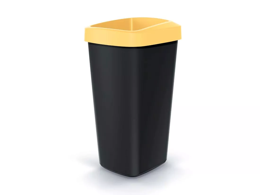 Recyclage Cube 45L Keden en plastique avec un couvercle jaune ouvert. 39x29x61