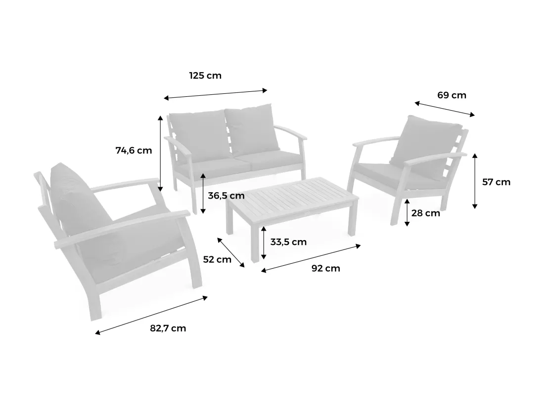 Salon de jardin en bois 4 places - Ushuaïa - Coussins vert de gris. canapé. fauteuils et table basse en acacia. design