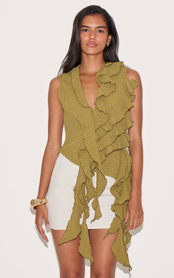 Vert Olive Haut Long Asymétrique À Volants Texturés