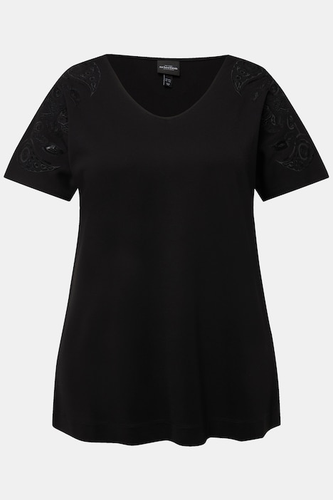 T-Shirt, Pailletten-Stickerei, Oversized, V-Ausschnitt, Halbarm