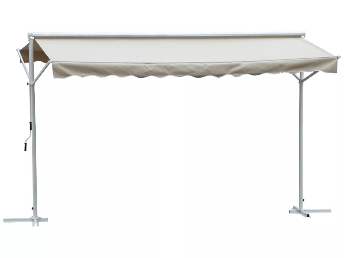 Store double pente manuel rétractable inclinaison réglable acier époxy blanc polyester imperméabilisé anti-UV beige dim. 4,50L x 3,40l x 2,55H m
