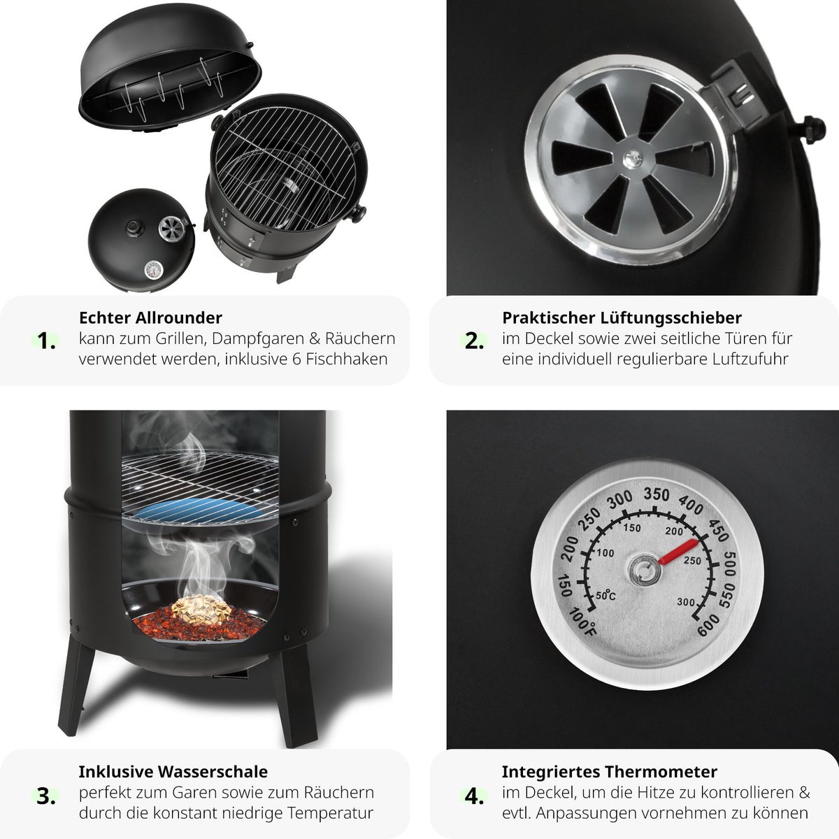 Rookoven tectake 3 in 1, voor grillen, roken, koken Ø 41 cm