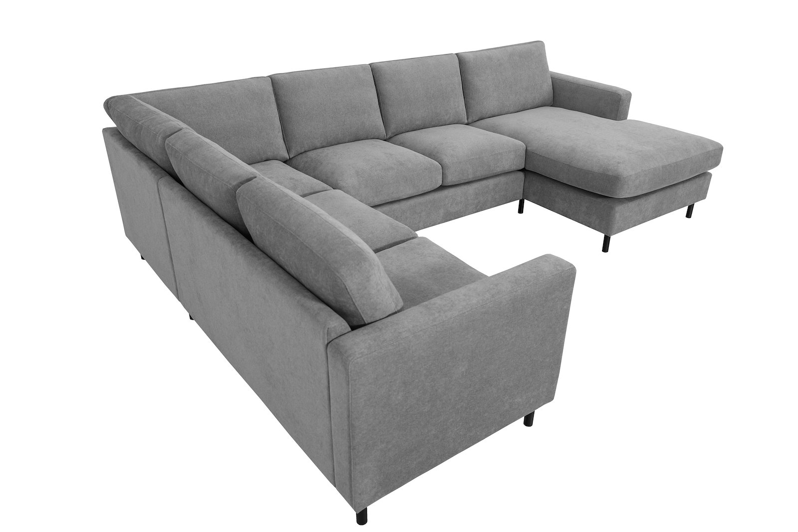 Viken U-sofa 2-seter venstre, 2-seter og sjeselong høyre. Tekstil Storm 3/3 Warm Grey. Arm B og ben 1.  Med duntopp.