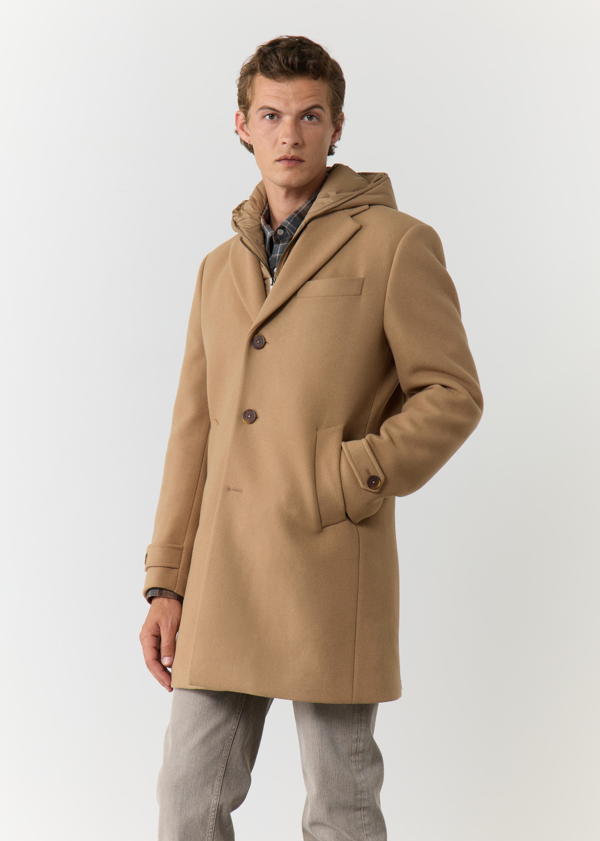 Manteau en laine mélangée unie camel à capuche amovible