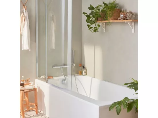 Pack baignoire bain douche 170 x 90 JACOB DELAFON Malice gauche blanc mat + tablier en angle + pare bain + étagère