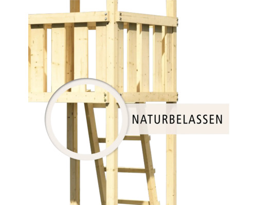 Speeltoren/speelhuis Karibu Anna, 107 x 107 cm, van hout, bestaande uit een glijbaan, 2 schommels en een aanbouw.